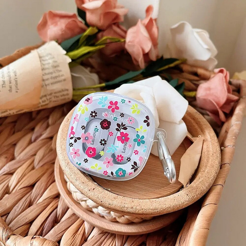 Animacinių filmų Flower Love Heart ausinių dėklas, skirtas originaliam Lenovo XT62 TWS minkštam TPU skaidriam ausinių dangteliui su kabliuku