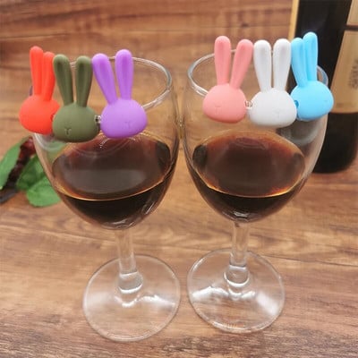 Marcator pentru pahar de vin din silicon, 6 buc., creativ 3D, urechi de iepure, farmece pentru băutură, identificator de vin pentru cocktail-uri cu șampanie