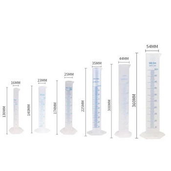 Прозрачен бял пластмасов градуиран цилиндър за измерване на течности за лабораторни консумативи Лабораторни инструменти 10 ml, 25 ml, 50 ml, 100 ml, 250 ml, 500 ml