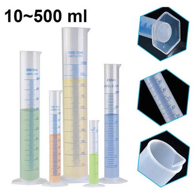 Átlátszó fehér műanyag folyadékmérő mérőhenger laboratóriumi kellékekhez, laboratóriumi eszközökhöz 10 ml, 25 ml, 50 ml, 100 ml, 250 ml, 500 ml