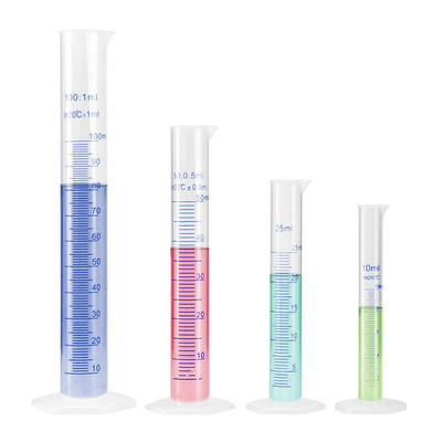 Läbipaistev valge plastikust vedeliku mõõtmise silinder laboritarvikute jaoks, laboritööriistad 10 ml, 25 ml, 50 ml, 100 ml, 250 ml, 500 ml