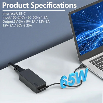 Бързо зарядно за лаптоп 65W 20V 3.25A USB Type-C интерфейс Компютърен адаптер за Lenovo Macbook Thinkpad X1 Carbon Yoga X270 X280