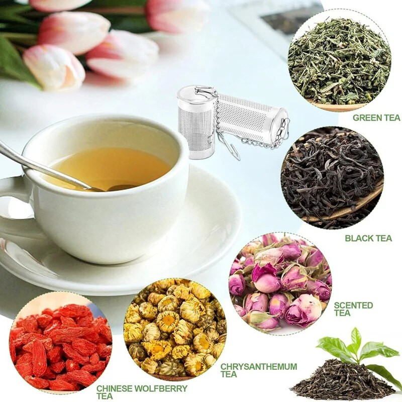 4 vnt arbatos infuzatoriai biriai arbatai, arbatos filtras su dangteliu, nerūdijančio plieno arbatos sietelis su grandinės kabliu, didelis arbatos sietelio rutulys, patvarus