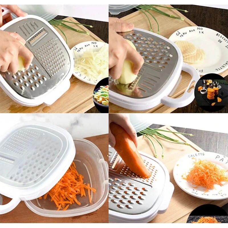 Tăiător de legume multifuncțional cu capac Cutie de prânz din oțel inoxidabil Tocător de cartofi, castraveți, feliător de fructe, răzătoare, Gadgets de bucătărie