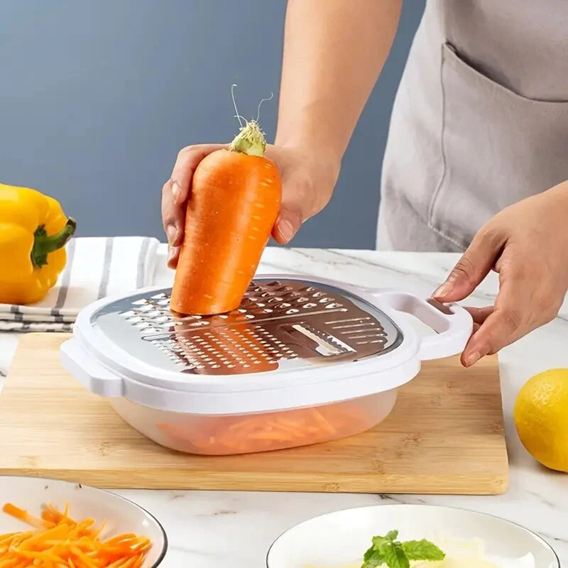 Tăiător de legume multifuncțional cu capac Cutie de prânz din oțel inoxidabil Tocător de cartofi, castraveți, feliător de fructe, răzătoare, Gadgets de bucătărie