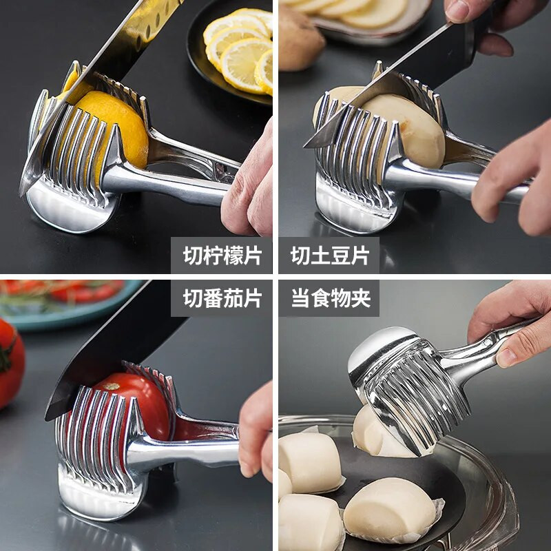 Kézi Citromos Paradicsom Szeletelő Acél Gyümölcs Zöldség Aprító Kenyércsipesz Narancs burgonya Alma Hagymatartó Konyhai kütyü