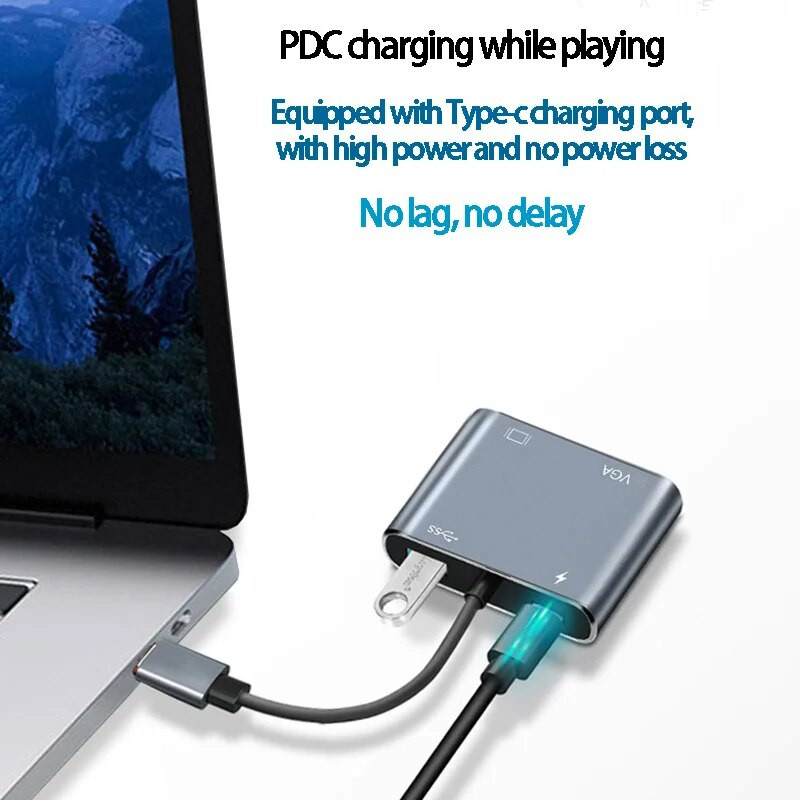 „Type“ prie HD prijungimo stoties mobiliojo kompiuterio jungties projektoriaus keitiklis „Mate20“, prijungtas prie televizoriaus VGA projekcijos HD laidas, taikomas „App“