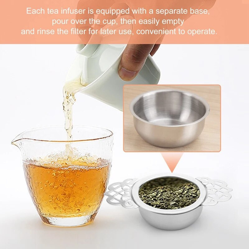 2 vnt arbatos filtras, nerūdijančio plieno arbatos sietelis su dubeniu, itin smulkaus tinklelio arbatos sieteliai su dvigubomis rankenomis