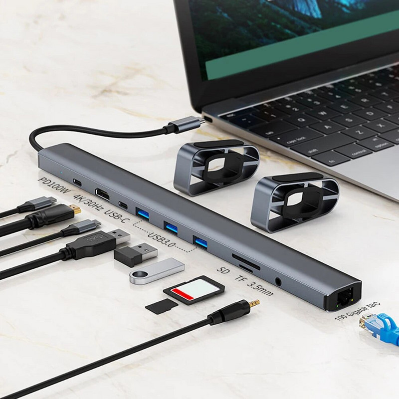USB C doko ausinių/garsiakalbių jungtys Hub Dongle SD/TF kortelių skaitytuvas 10-in-1 Multiport RJ45 Gigabit Ethernet, skirtas Macbook Huawei
