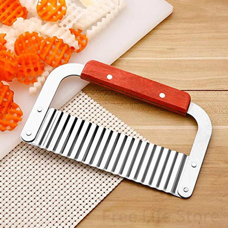 Nerūdijančio plieno bulvių pjaustyklė Didelio našumo banguotų raukšlių pjaustymo įrankiai su medine rankena daržovių pjaustyklės Virtuvės įrankiai