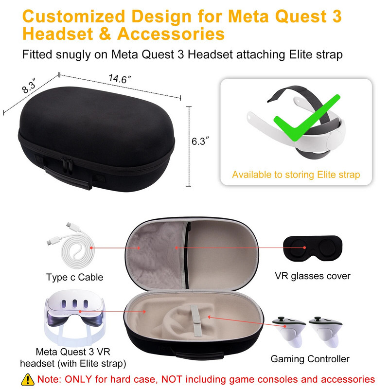 Carcasă de depozitare EVA rigidă Cutie de transport de călătorie pentru Meta Quest 3 Elite Strap Ochelari VR Genți cu fermoar pentru Accesorii Meta Quest 3 VR