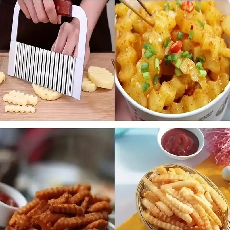 Nerūdijančio plieno medinės rankenos bulvių pjaustyklė, raukšlėta bulvių pjaustyklė Daržovių bangų pjaustyklė Saugūs virtuvės įrankiai