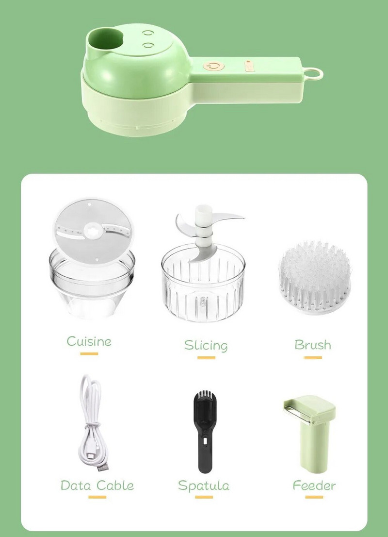 Set de tăiat legume electrice portabil 4 în 1, multifuncțional, durabil, zdrobitor de legume chili, mașină de zdrobire de ghimbir, instrument de bucătărie