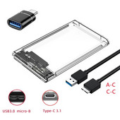 2,5 colio HDD SSD dėklas SATA į USB 3.0 / C tipo be įrankių skaidrus išorinio standžiojo disko korpuso palaikymas UASP SATA III nešiojamam kompiuteriui