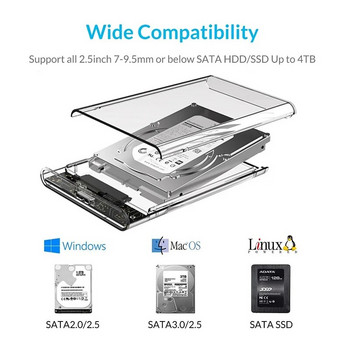 2,5-инчов калъф за твърд диск SSD SATA към USB 3.0/тип C Прозрачен външен твърд диск без инструменти, поддръжка на UASP SATA III за лаптоп