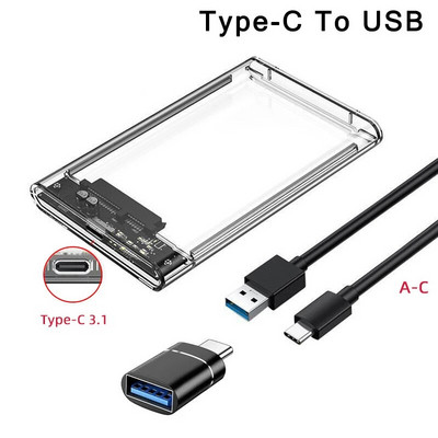 2,5 colio HDD SSD dėklas SATA į USB 3.0 / C tipo be įrankių skaidrus išorinio standžiojo disko korpuso palaikymas UASP SATA III nešiojamam kompiuteriui