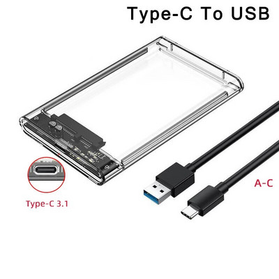 2,5 colio HDD SSD dėklas SATA į USB 3.0 / C tipo be įrankių skaidrus išorinio standžiojo disko korpuso palaikymas UASP SATA III nešiojamam kompiuteriui