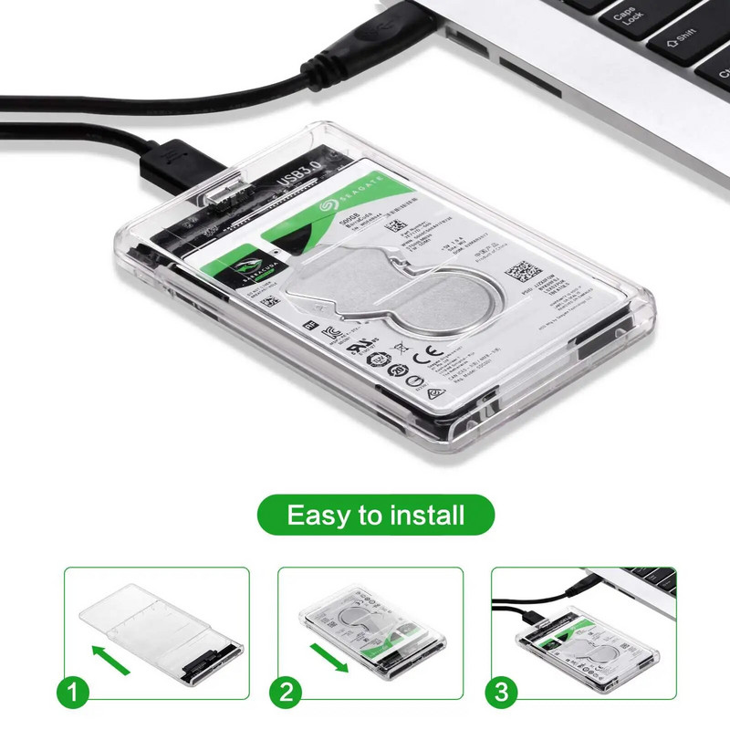 Carcasa HDD SSD de 2,5 inchi SATA la USB 3.0/Type C, fără instrumente, transparentă, suport pentru hard disk extern UASP SATA III pentru laptop