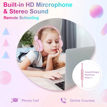 Сладки детски слушалки с еднорог с микрофон за училищни деца, момичета, момчета, 3D стерео музика, розови кабелни слушалки, компютър, телефон, лаптоп, подарък