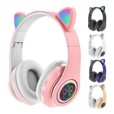 Cute Cat Ear Wireless Headphone Foldable Bluetooth-Compatible Gaming Headphone LED Light Low Latency for Smartphone/Pad/Laptop