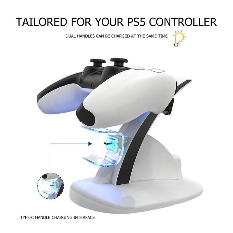 Controller wireless Gamepad Suport dublu încărcător pentru PS5 Dual Type-C Contact Stație de încărcare Leagăn pentru Sony Playstation 5