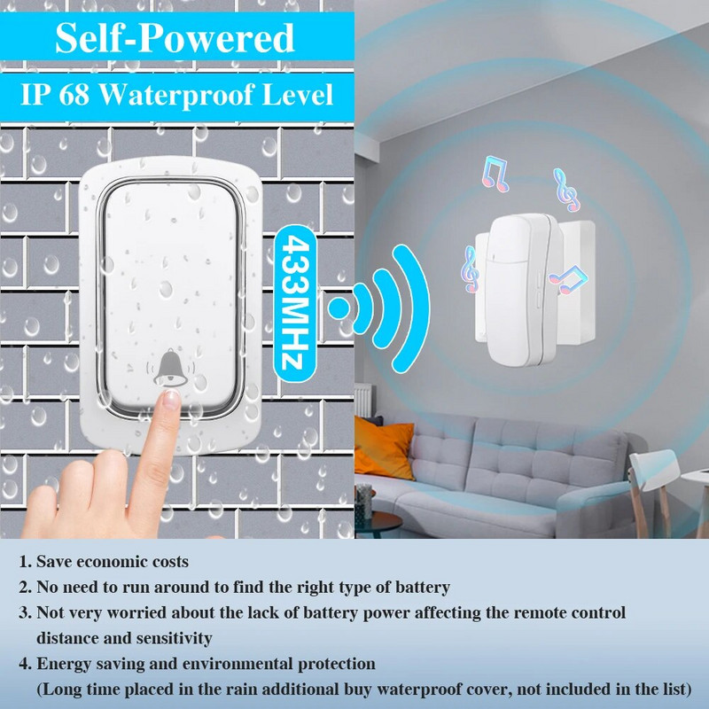 Juhtmeta uksekell ilma akudeta Veekindel kineetiline väliskell Isetoitega nupp-koera uksekella helinaga uksekell