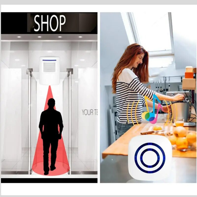 Nav 110V-240V bezvadu durvju zvana PIR infrasarkanais sensors kustības detektors ieejas durvju zvana trauksme ar uztvērēju un raidītāju ES/ASV kontaktdakša