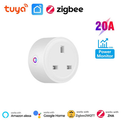 Zigbee Smart Socket Tuya Smart UK Kištukas 16A 20A Namų maitinimo lizdas Energijos monitorius Laiko nustatymo adapteris Balso valdymas Google Home Alexa