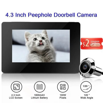 4,3-inčni špijunka za gledanje vrata Kamera za zvono na vratima 120° LCD 100 W piksela Pametna elektronička kamera za mačje oko vrata Vanjski monitor