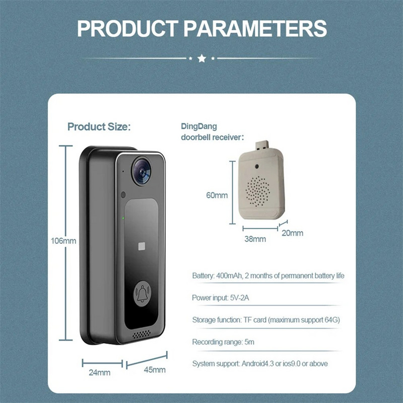 Bežično zvono za vrata Pametno daljinsko video zvono za vrata Inteligentna kamera za vizualno zvono s HD noćnim vidom WiFi punjiva sigurnost