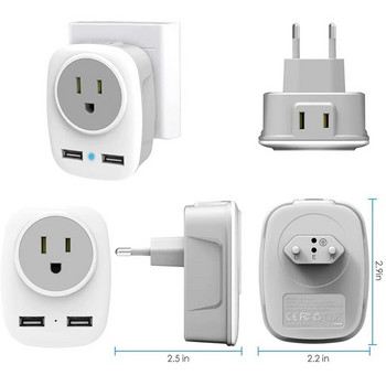 European Travel Plug Adapter, Foval European Plug Adapter US to Europe Προσαρμογέας ρεύματος με 2 USB, 4 σε 1 Eu Travel Adapte