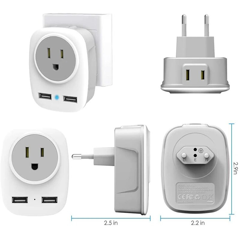 Europos kelionių kištuko adapteris, Foval Europos kištuko adapteris iš JAV į Europą maitinimo lizdų adapteris su 2 USB, 4 in 1 Eu Travel Adapte