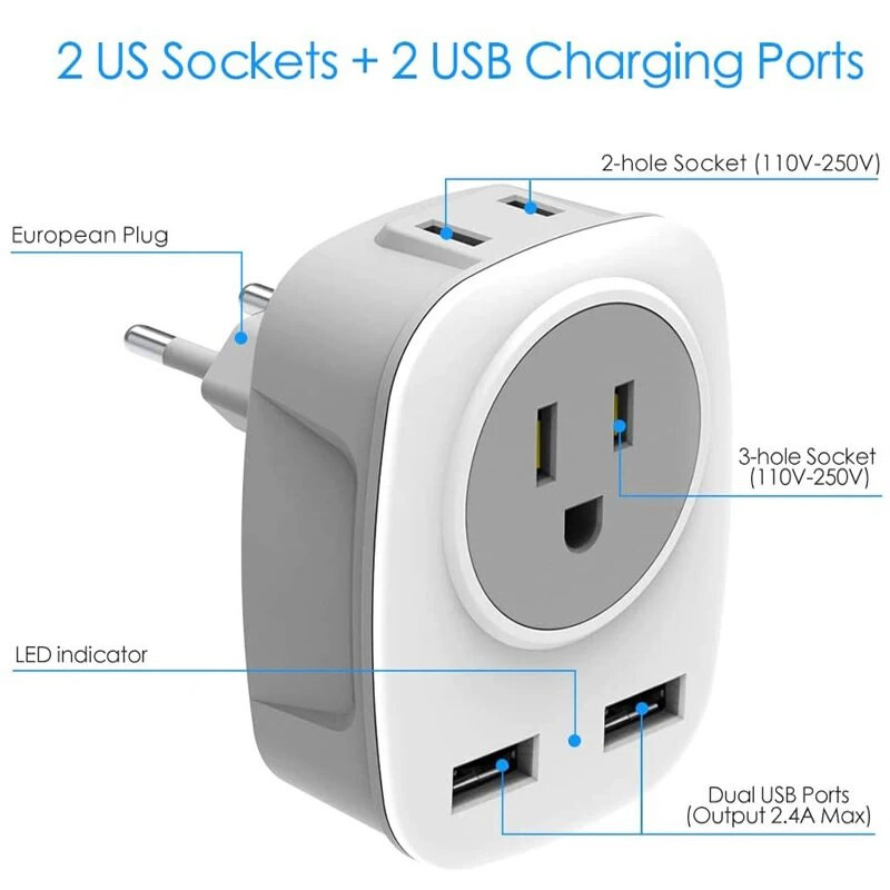 Europos kelionių kištuko adapteris, Foval Europos kištuko adapteris iš JAV į Europą maitinimo lizdų adapteris su 2 USB, 4 in 1 Eu Travel Adapte