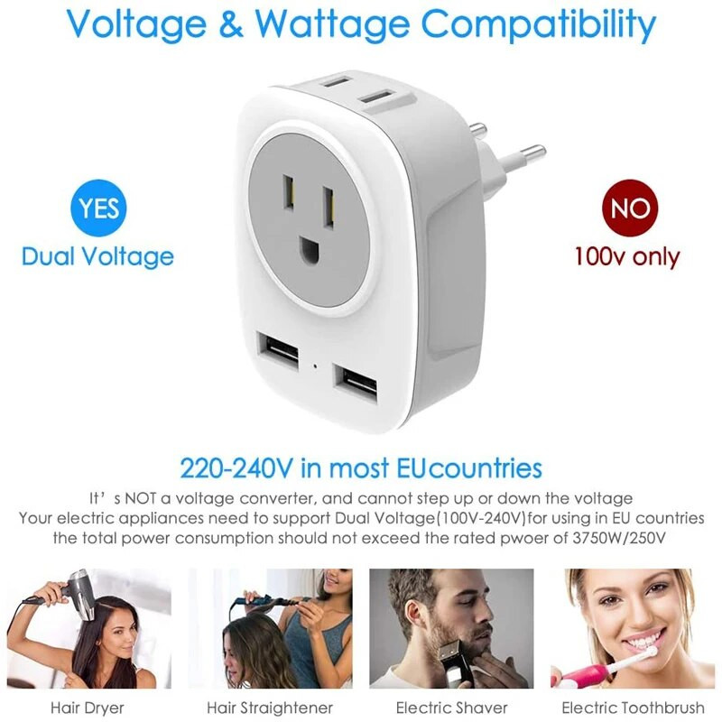 Europos kelionių kištuko adapteris, Foval Europos kištuko adapteris iš JAV į Europą maitinimo lizdų adapteris su 2 USB, 4 in 1 Eu Travel Adapte
