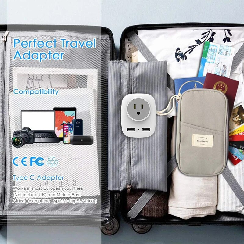 Europos kelionių kištuko adapteris, Foval Europos kištuko adapteris iš JAV į Europą maitinimo lizdų adapteris su 2 USB, 4 in 1 Eu Travel Adapte