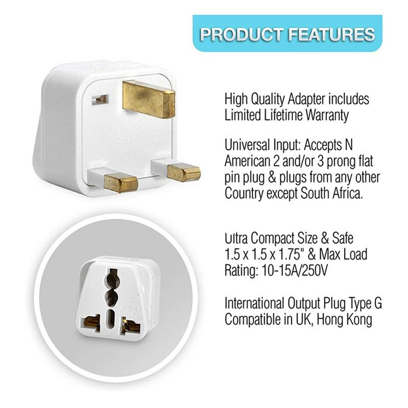3 pakuotės JK kelioninis adapteris G tipo kištukui – veikia su elektros lizdais Jungtinėje Karalystėje, HK, Airijoje, Didžiojoje Britanijoje ir kt.