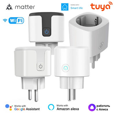 16A Tuya/Matter WIFI EU dugó Smart Power Socket Elektromos csatlakozó Hang/alkalmazás/időzítés Homekit Alexa Siri Alice eWelink segítségével