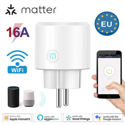 16A Tuya/Matter WIFI EU Plug Smart Power Socket Elektros kištukas Balso / Programėlės / Laiko valdymas per Homekit Alexa Siri Alice eWelink