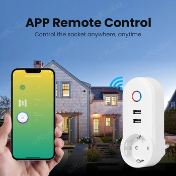 WiFi Smart Plug Tuya Интелигентен домашен електрически контакт Гнездо за разклонител с 2 USB дистанционно управление от приложението Smart Life Alexa Google