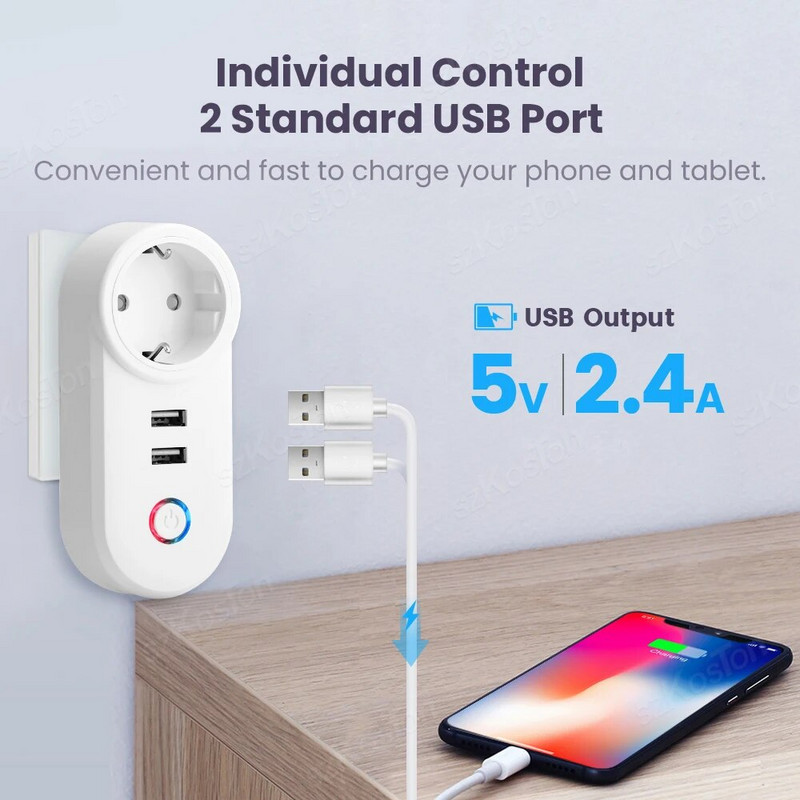 „Wi-Fi Smart Plug Tuya Smart Home“ elektros lizdo maitinimo juostos lizdas su 2 USB nuotolinio valdymo pulteliu iš „Smart Life App Alexa Google“