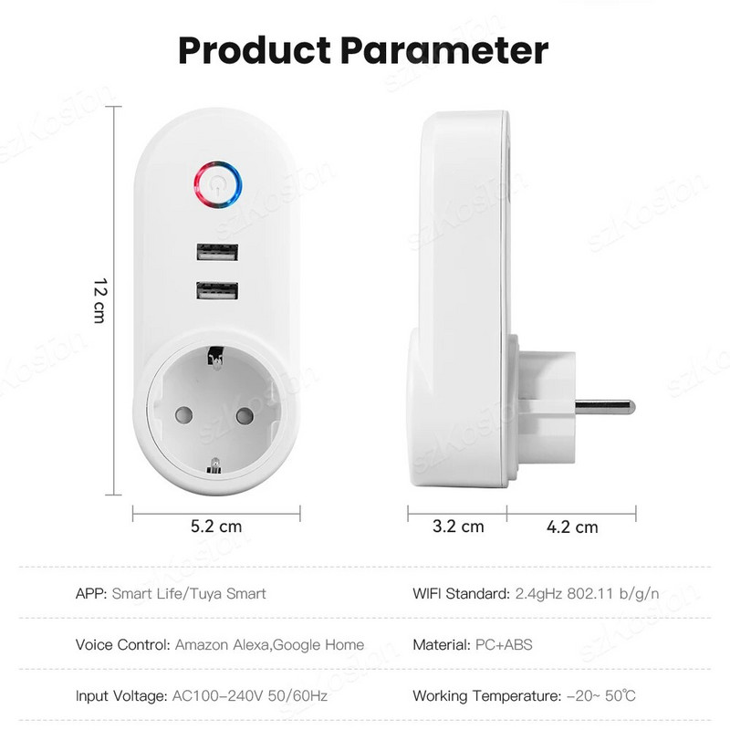 „Wi-Fi Smart Plug Tuya Smart Home“ elektros lizdo maitinimo juostos lizdas su 2 USB nuotolinio valdymo pulteliu iš „Smart Life App Alexa Google“