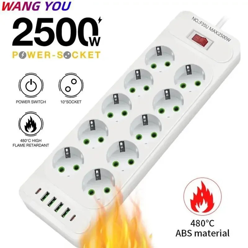 ES kontaktligzdas maiņstrāvas kontaktligzdas barošanas sloksnes vairāku pieskārienu pagarinātāja vada elektrības kontaktligzda ar 4 USB pieslēgvietām ātrās uzlādes daudzfunkciju tīkla filtru