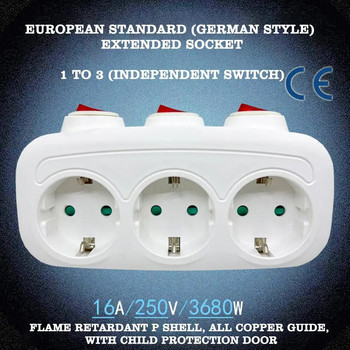 Електрически контакти на ЕС с превключвател за ВКЛ./ИЗКЛ. Евро монтиран 1 до 3 посоки Германия Стандартни удължители Адаптер Захранващ щепсел Гнездо
