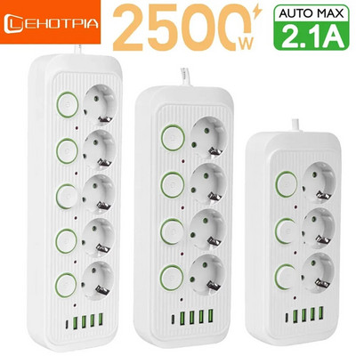EU Plug Multiple Sockets AC Outlets Power Strip Extension Cable With USB Ports Surge Protector Network Filter Individual Switch
