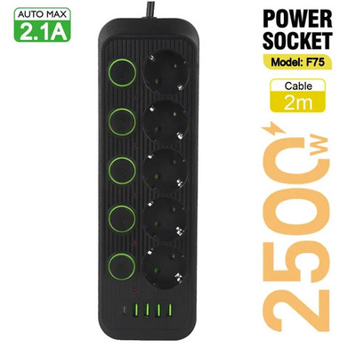 EU dugó, több aljzat AC aljzatok tápelosztó hosszabbító kábel USB-portokkal Túlfeszültség-védő hálózati szűrő, egyedi kapcsoló