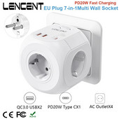 LENCENT EU Plug sieninio lizdo ilgintuvas su 4 AC +QC3.0USBX2 +1 C tipo PD20W greito įkroviklio adapteriu 7 viename lizdo įjungimo/išjungimo jungikliu