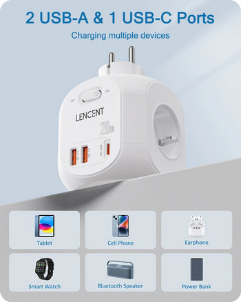 LENCENT EU Plug Socket Wall Extender με 4 AC +QC3.0USBX2 +1 Type C PD20W Fast Charger Adapter 7-in-1 Socket On/Off