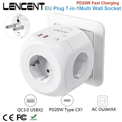 LENCENT EU Plug Wall Socket Extender with 4 AC +QC3.0USBX2 +1 Type C PD20W Fast Charger Adapter 7-in-1 Socket On/Off Switch