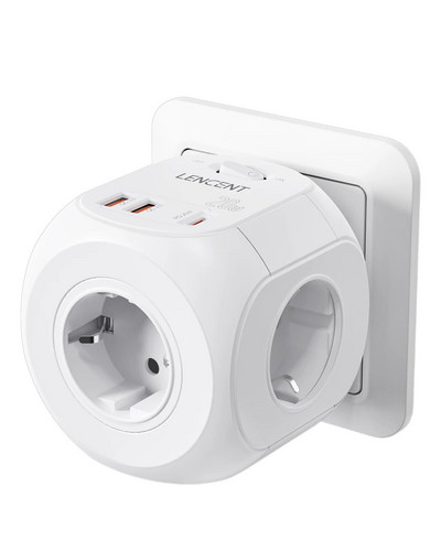 LENCENT EU Plug sieninio lizdo ilgintuvas su 4 AC +QC3.0USBX2 +1 C tipo PD20W greito įkroviklio adapteriu 7 viename lizdo įjungimo/išjungimo jungikliu