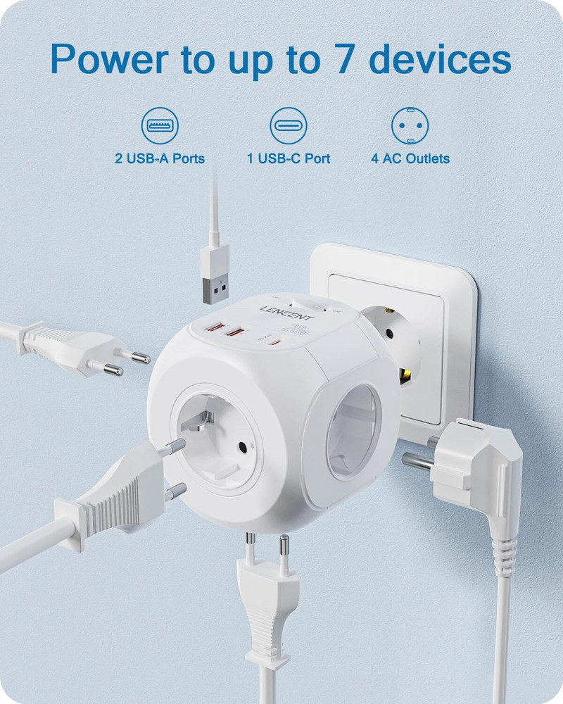 LENCENT EU Plug seinakontakti pikendus 4 vahelduvvoolu +QC3.0USBX2 +1 tüüpi C PD20W kiirlaadija adapteriga 7-ühes pistikupesa sisse/välja lülitiga